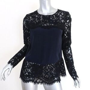 Intermix Black‎ Lace & Navy Silk Blouse Size P Long Sleeve Open Back Top Sexy